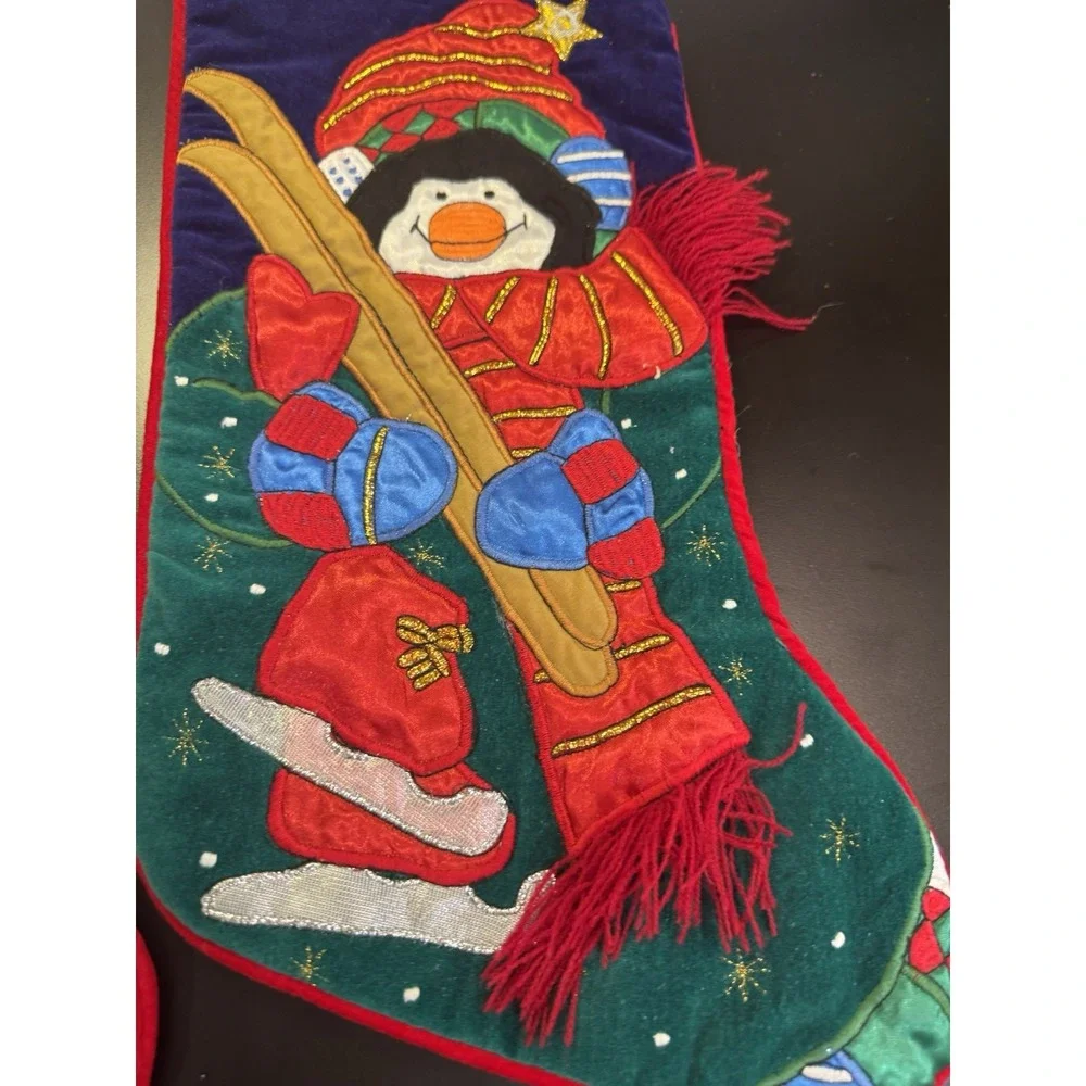 Snowman w Birds Penguin Skiing Christmas Stocking‎ Embroidered Applique Set of 2